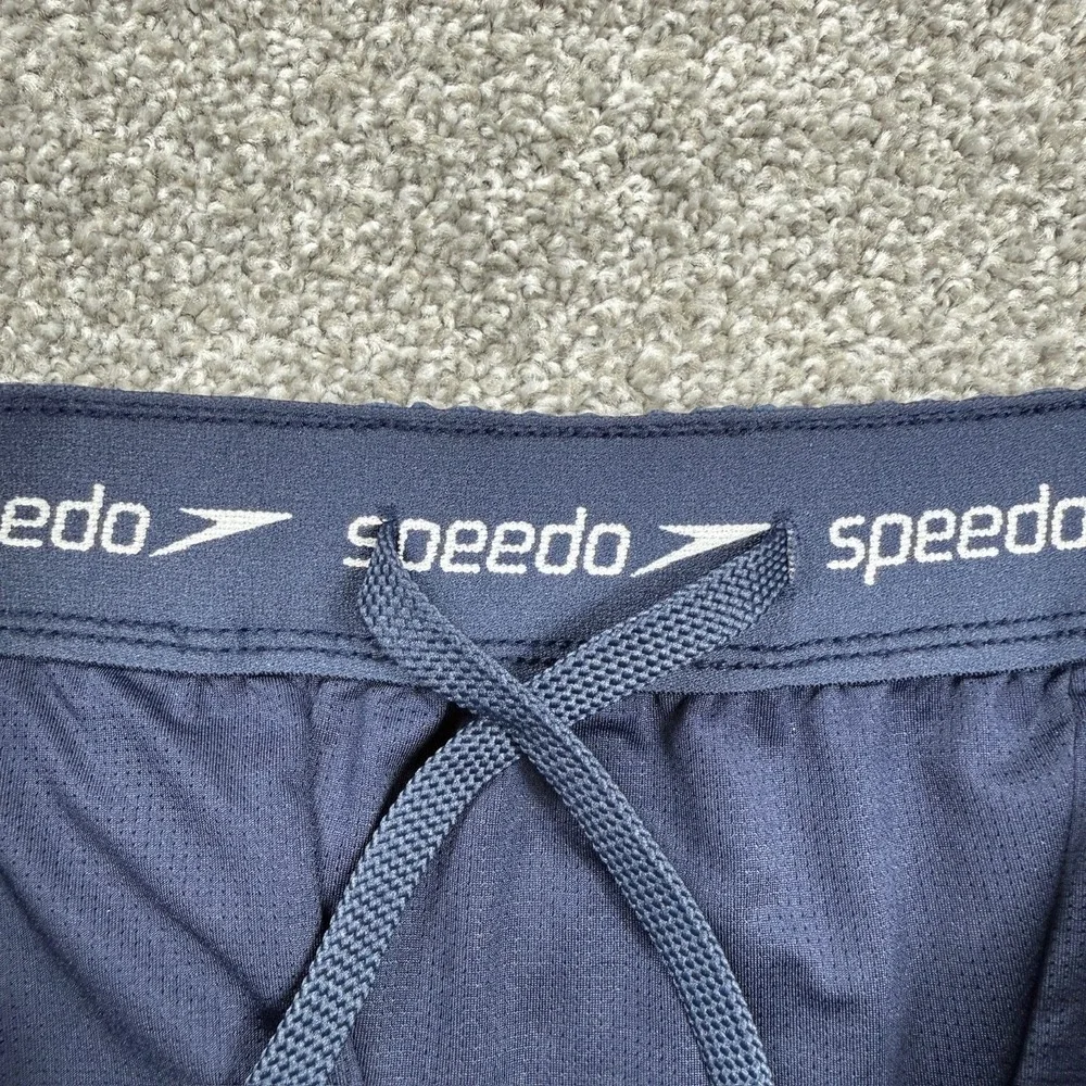 Speedo Mens Small Board Shorts‎ Blue Striped Swim Trunks Stretch Zip Pocket